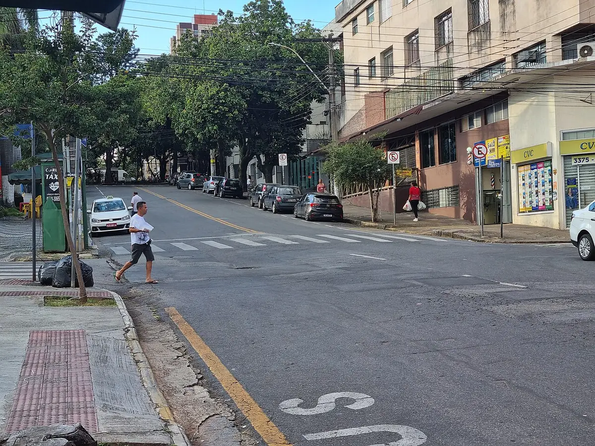 Une rue commerçante bordée de palmiers à Belo Horizonte