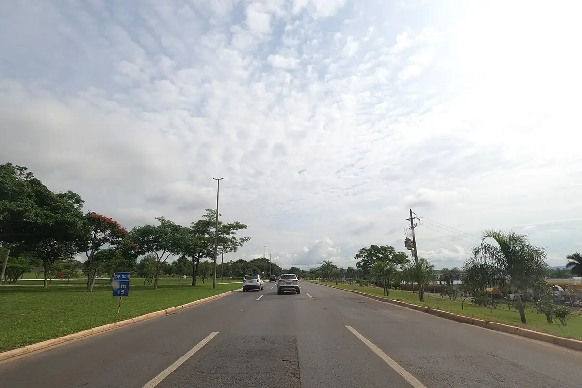 Une large route bordée d’arbres traversant les espaces verts de Brasília