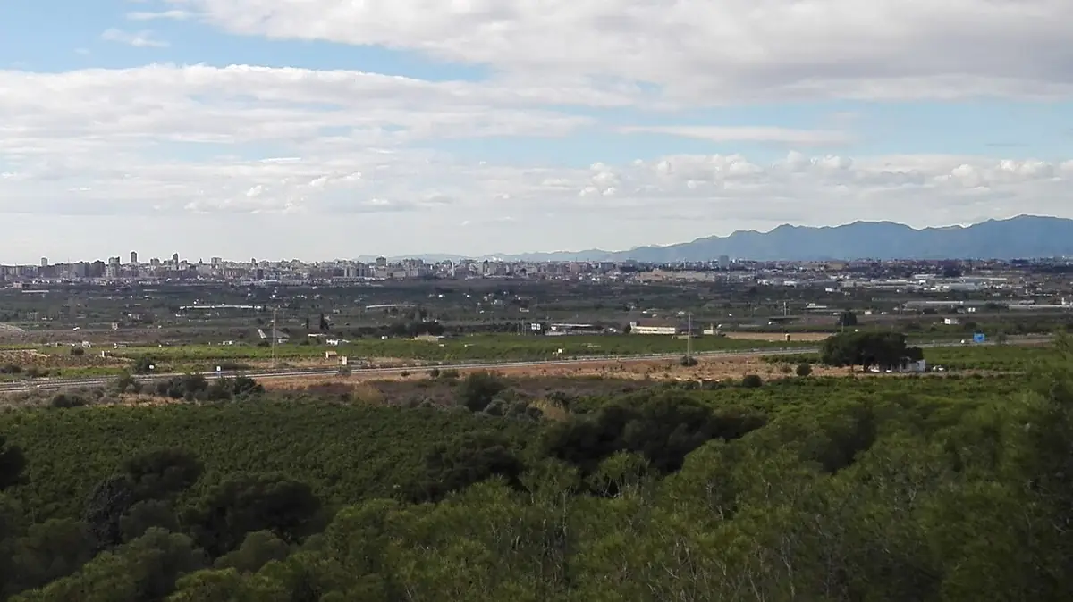 Vue aérienne des vergers verdoyants autour de Castellón, montagnes en fond