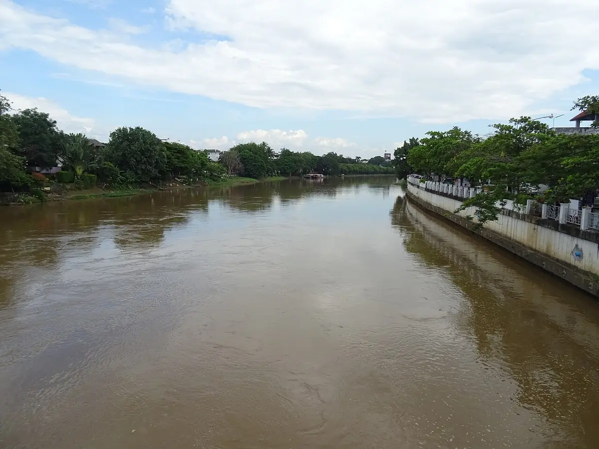 La rivière Ping bordée d’arbres et d’un chemin piéton à Chiang Mai