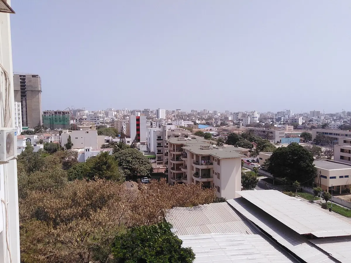 Vue en hauteur sur une partie de Dakar, immeubles et arbres jusqu’à l’horizon