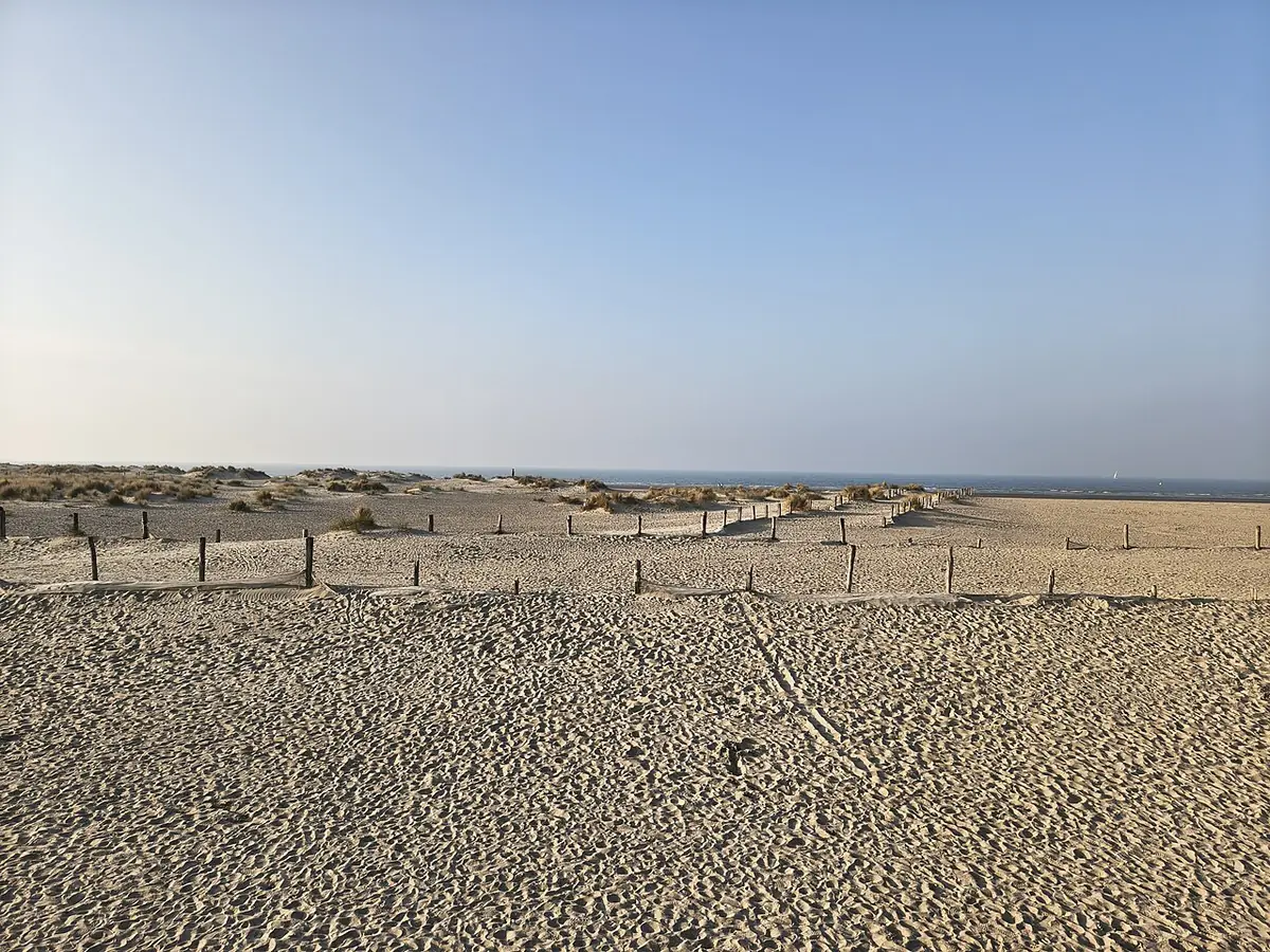 Plage de sable de Dunkerque avec dunes et mer au loin sous un ciel dégagé
