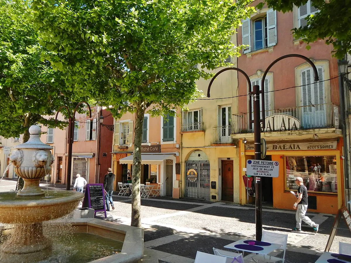 Place de Fréjus ombragée avec fontaine, façades colorées et commerces