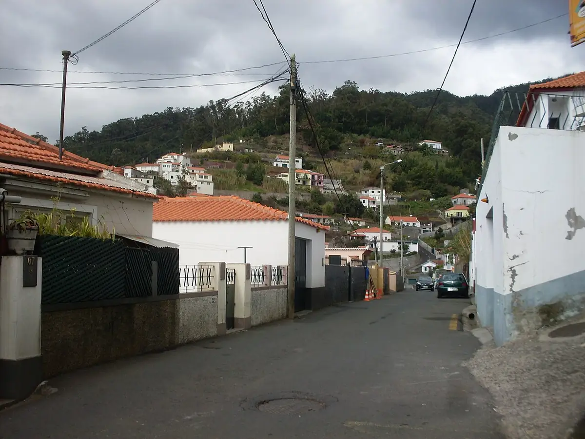 Une rue en pente bordée de maisons blanches, sur les hauteurs de Funchal