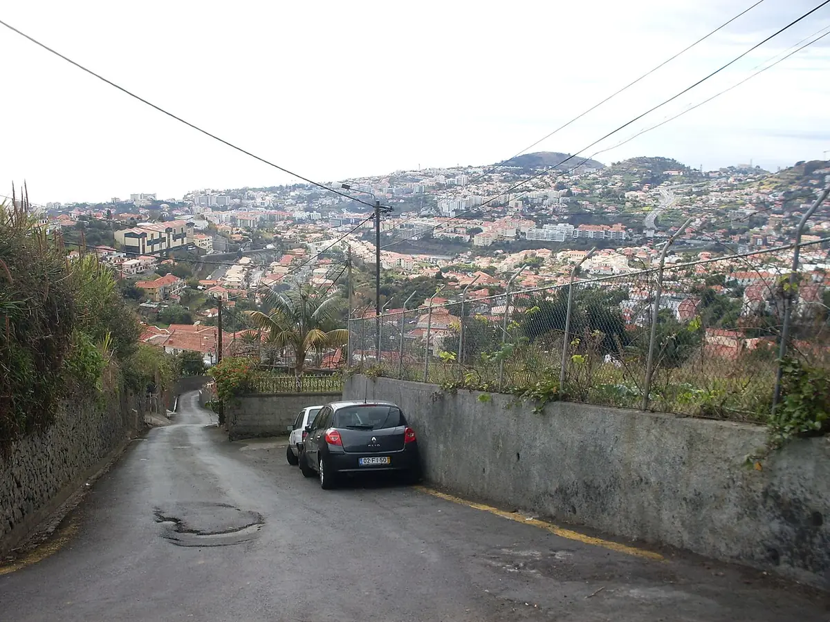 Une route de quartier avec vue dégagée sur la ville de Funchal en contrebas