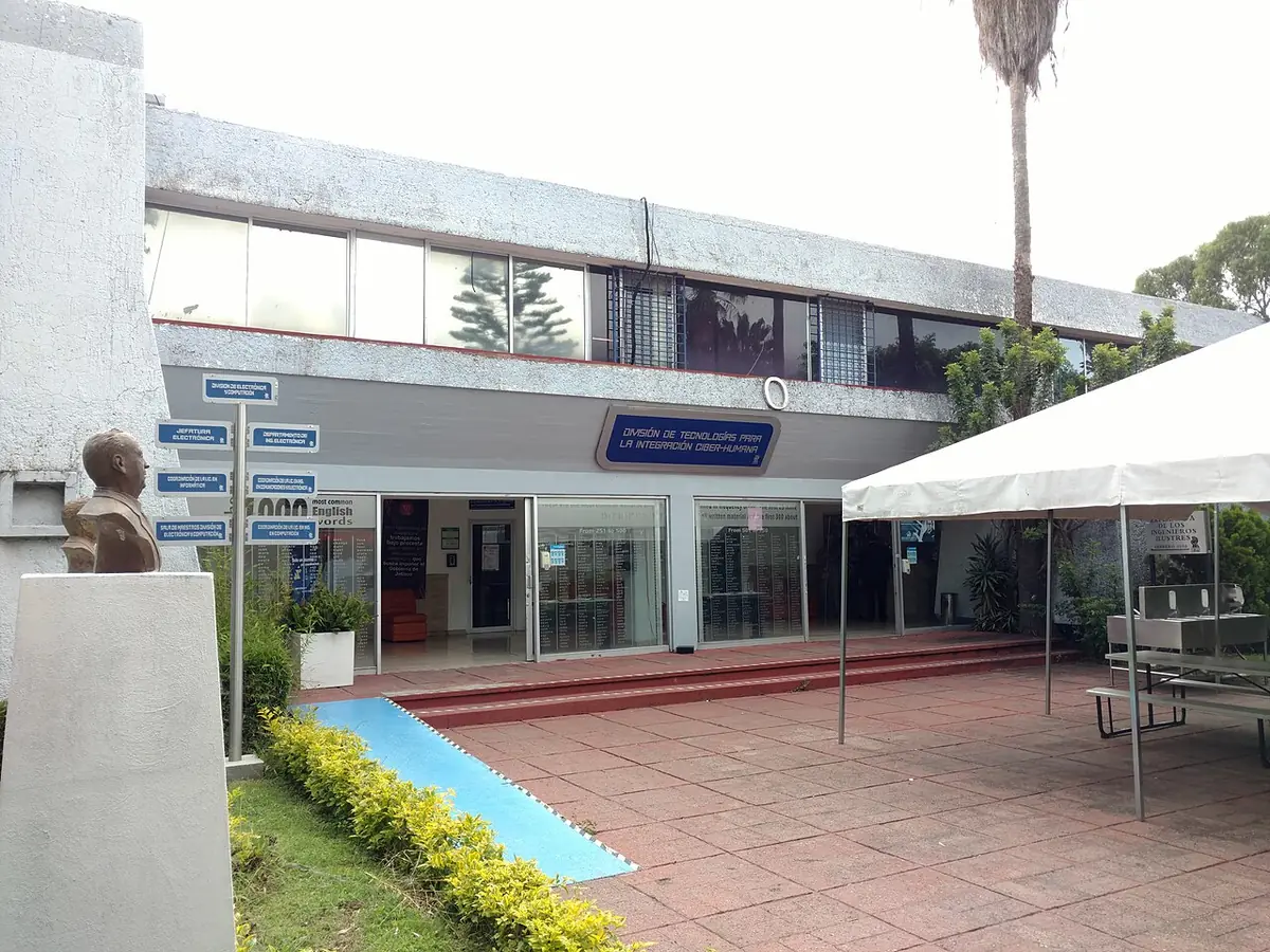 Une cour avec palmier et bassin devant un bâtiment universitaire à Guadalajara