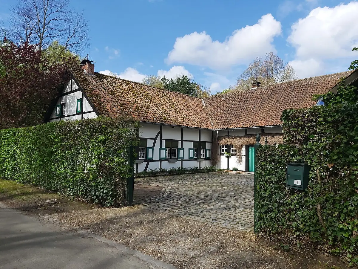 Ferme rénovée à colombages et toit de tuiles à Hasselt, cour pavée et haies