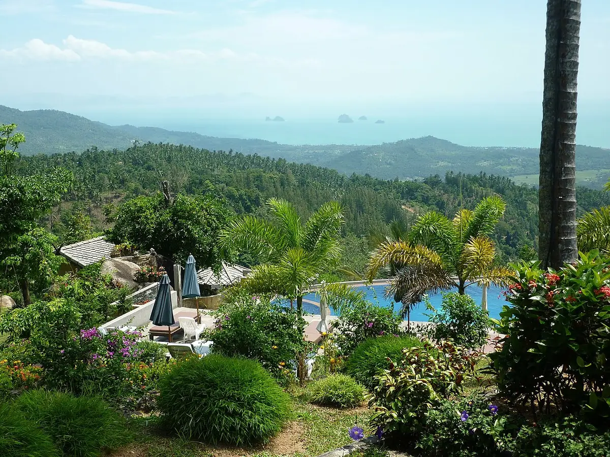 Vue aérienne sur les collines de Koh Samui, piscines et littoral