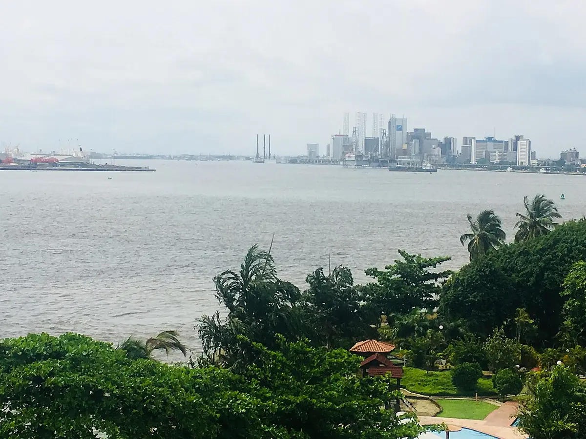 Vue sur la lagune de Lagos avec des gratte-ciel à l’horizon et de la végétation au premier plan