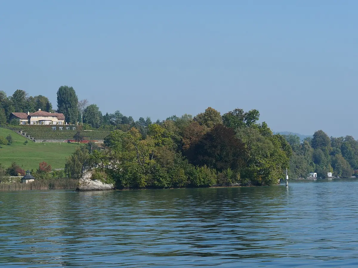 Vue du lac de Lucerne depuis la rive, entourée de collines