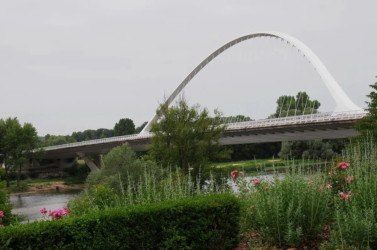 Pont à arche blanche en acier au-dessus de la Loire à Orléans, massifs fleuris au premier plan