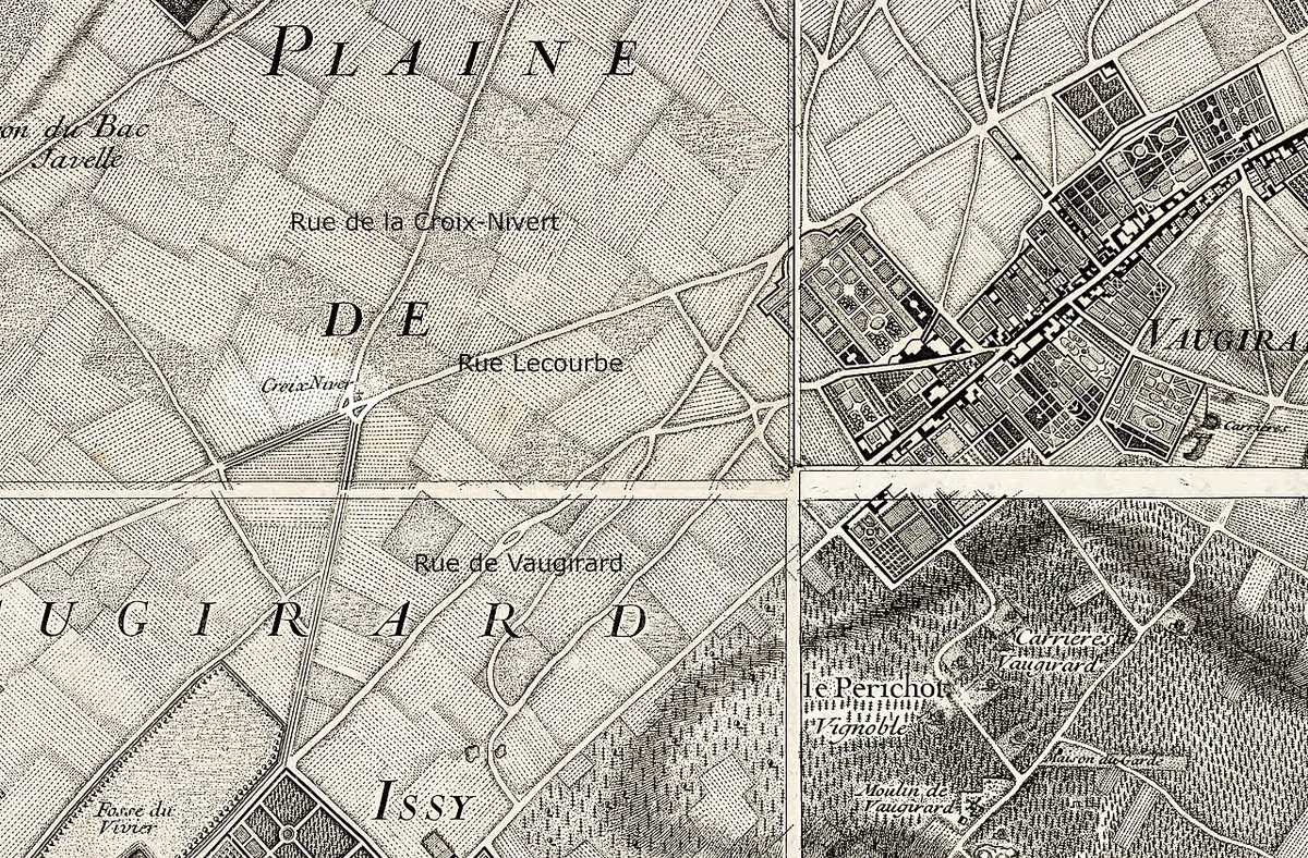 Future rue de la Croix-Nivert et autres sur le plan de Roussel (Paris, 1730).