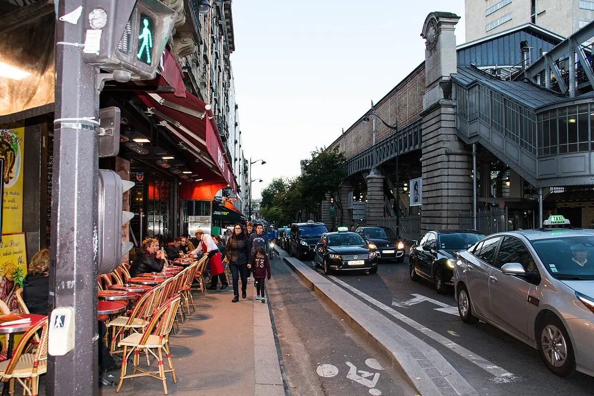 Une rue animée sous le viaduc du métro, près de la station Bir-Hakeim