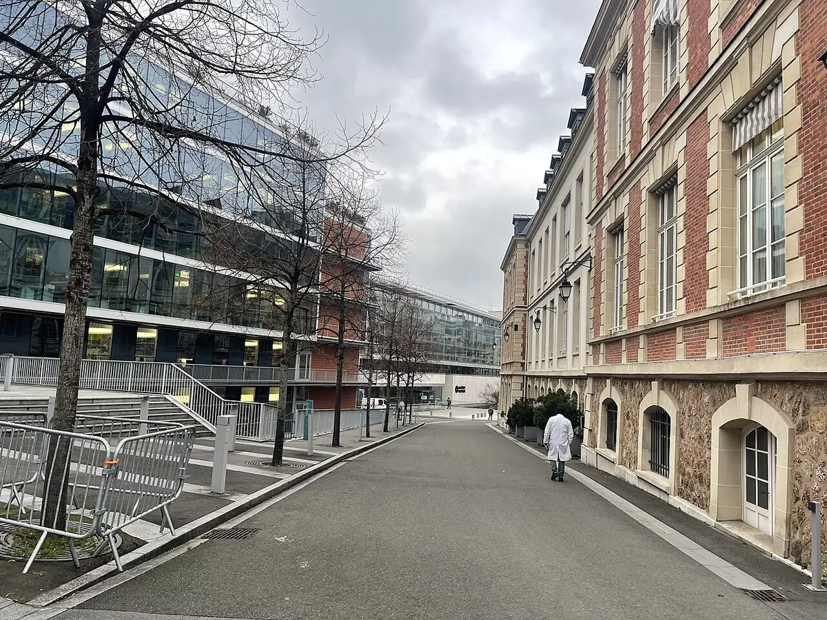 Allée intérieure de l’Institut Pasteur entre bâtiments anciens et modernes