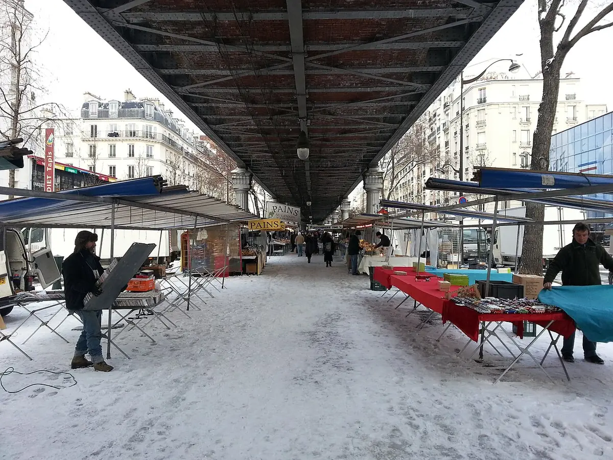 Le marché de Grenelle, étals sous les auvents