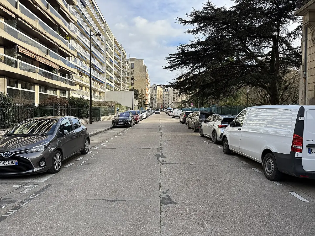 La rue du Clos-Feuquières, ombragée par un grand cèdre