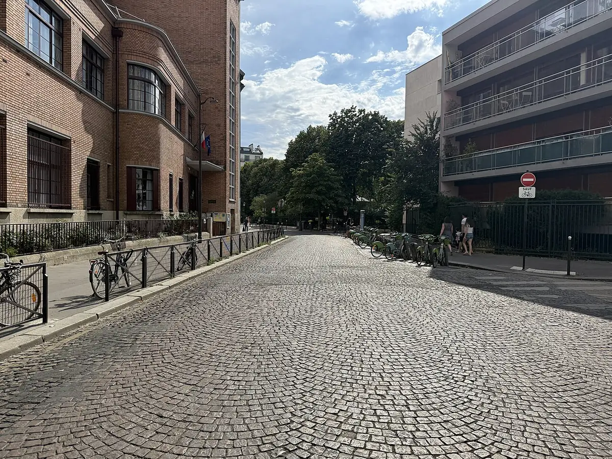 La rue Dupleix, rue pavée bordée d’arbres et d’immeubles
