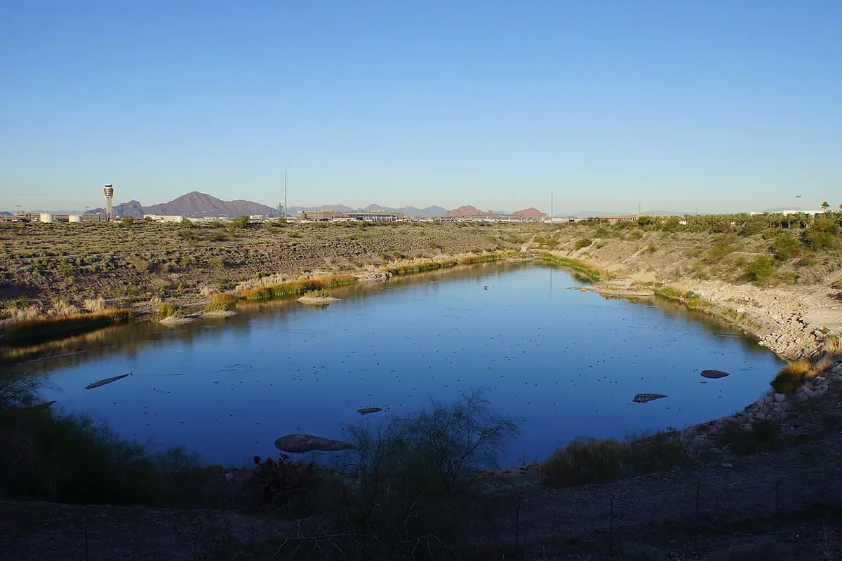 Un étang calme du désert à Rio Salado, Phoenix, entouré de végétation basse