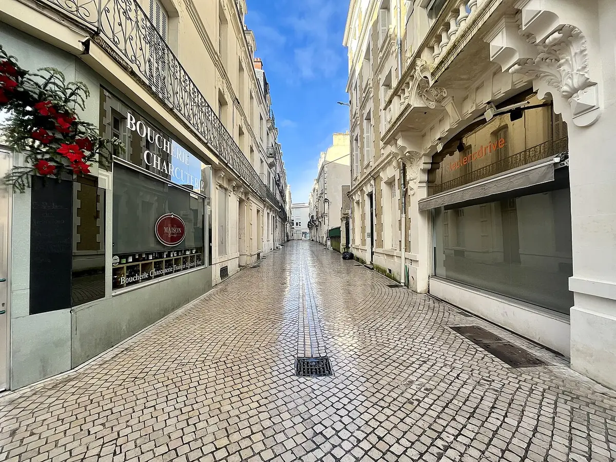 La rue Charles-Gide à Poitiers, rue piétonne pavée bordée de commerces