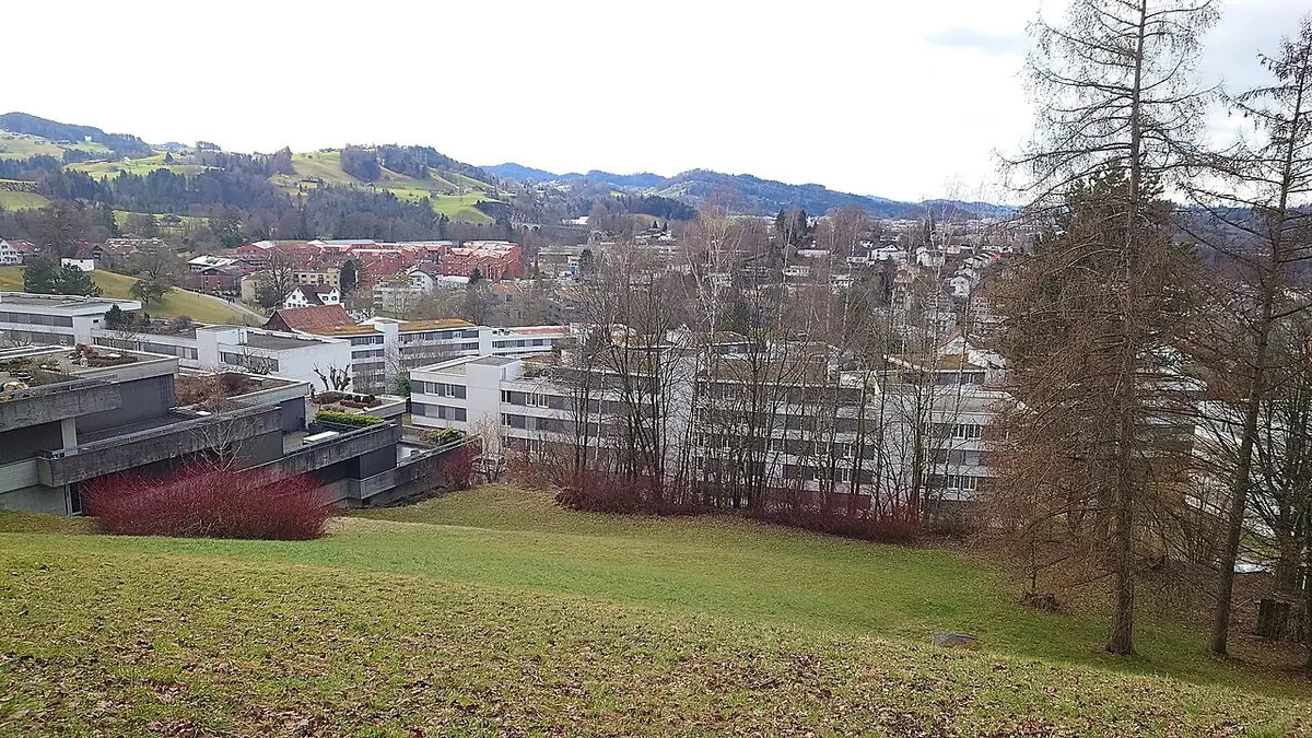 Le quartier résidentiel de Haggen à Saint-Gall, immeubles entourés de collines vertes
