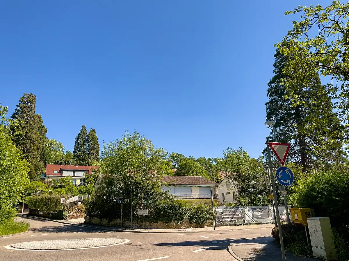 Un carrefour tranquille bordé de maisons et de grands arbres sur le Frauenkopf à Stuttgart