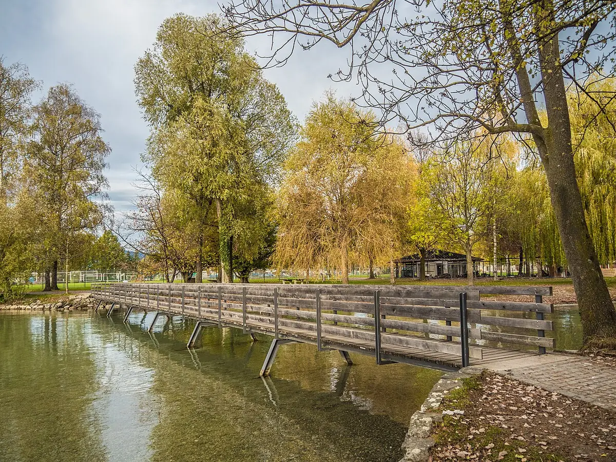 Une passerelle en bois traversant le lac de Thoune en automne