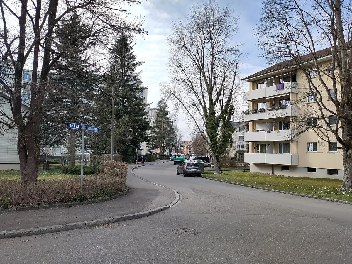 Une rue résidentielle bordée d’immeubles et de verdure à Winterthour