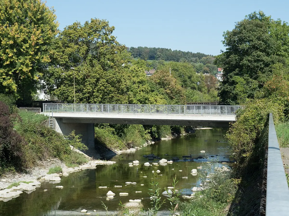 Un pont enjambant la Töss dans un cadre boisé à Winterthour